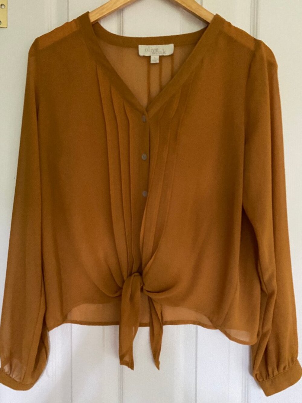 Olive & Oak Mustard Gold Pintuck Tie-Front Blouse - Large L